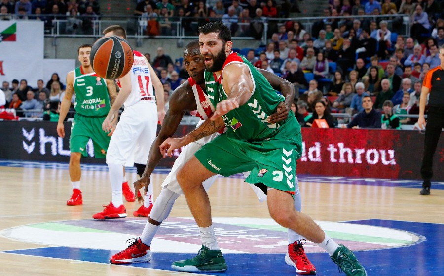 in action during the Turkish Airlines Euroleague Basketball Top 16 Round 2 game between Laboral Kutxa Vitoria Gasteiz v Olympiacos Piraeus at Fernando Buesa Arena on January 7, 2016 in Vitoria-Gasteiz, Spain.